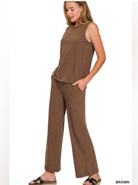 Zenana Brown Tank and Wide-Leg Lounge Pants Set Large NWT. Elastic waist band